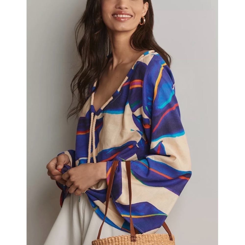 Farm Rio Anthropologie Tropical Leaf Linen Blend Bell Sleeve Blouse XS NEW NWT